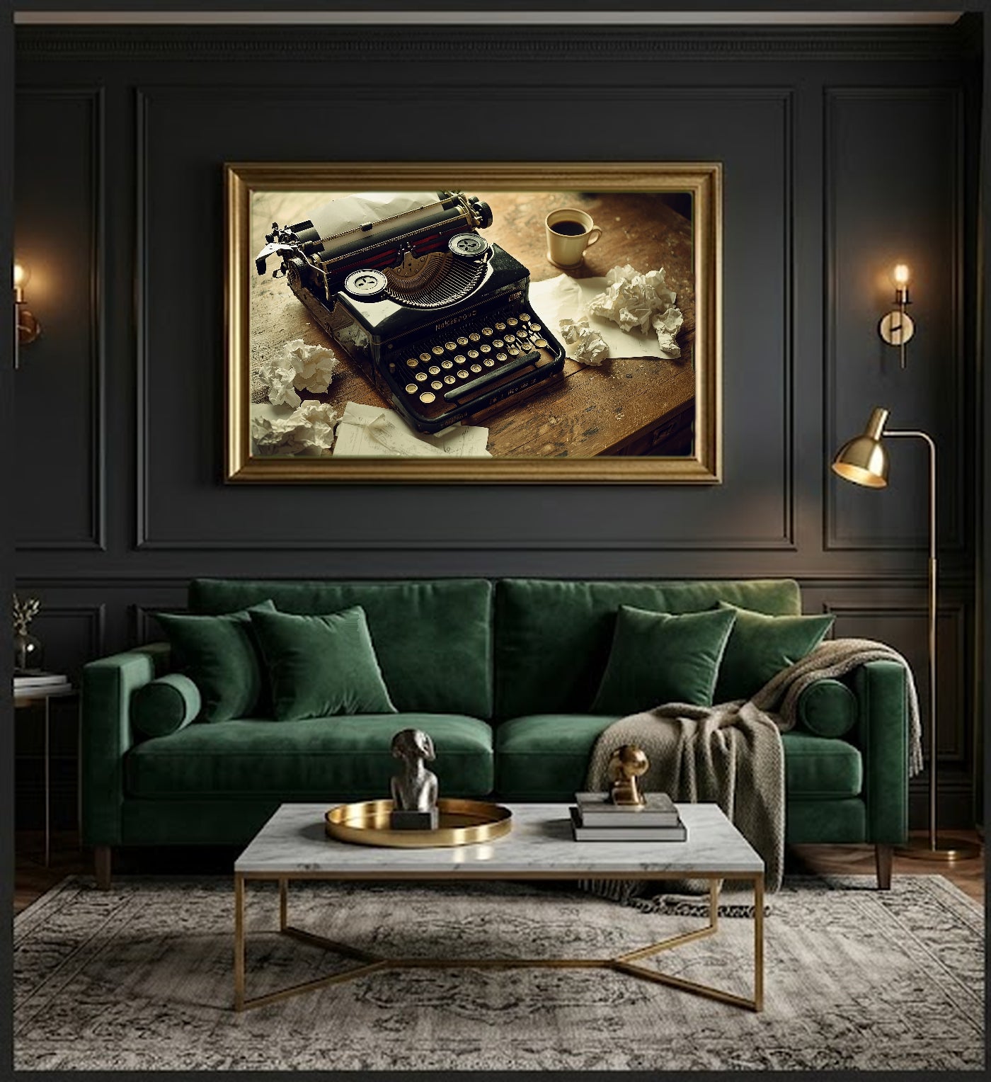 Vintage Typewriter Canvas Wall Art | Crumpled Drafts Still Life Print, Writer Studio Decor, Stretched Canvas — typewriter-crumpled-drafts-office-wall-art.jpg