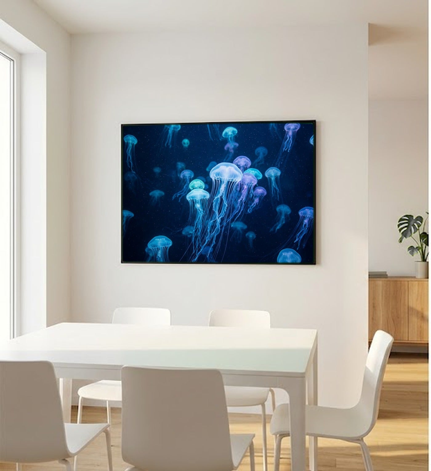 Jellyfish Canvas Wall Art - Underwater Glow Print, Ocean Life, Bioluminescent Art, Stretched Canvas — bedroom