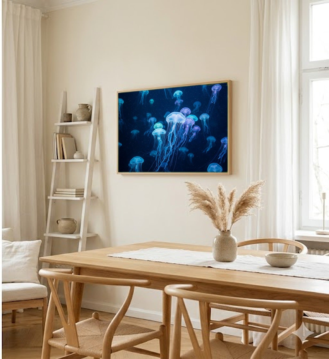Jellyfish Canvas Wall Art - Underwater Glow Print, Ocean Life, Bioluminescent Art, Stretched Canvas — dining room