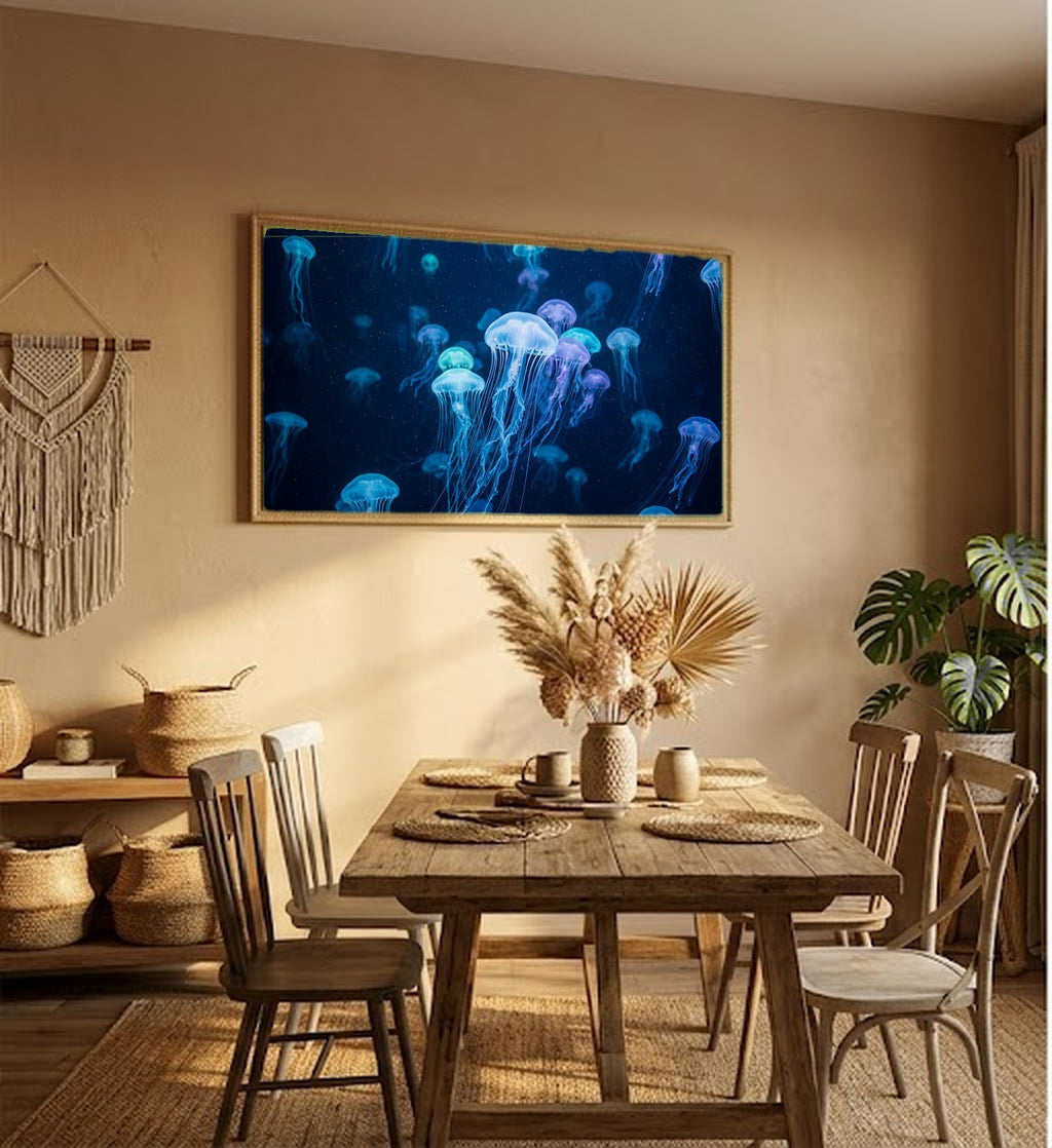 Jellyfish Canvas Wall Art - Underwater Glow Print, Ocean Life, Bioluminescent Art, Stretched Canvas — hallway