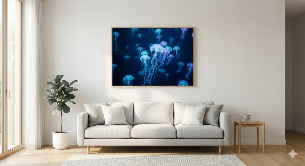 Jellyfish Canvas Wall Art - Underwater Glow Print, Ocean Life, Bioluminescent Art, Stretched Canvas — living room