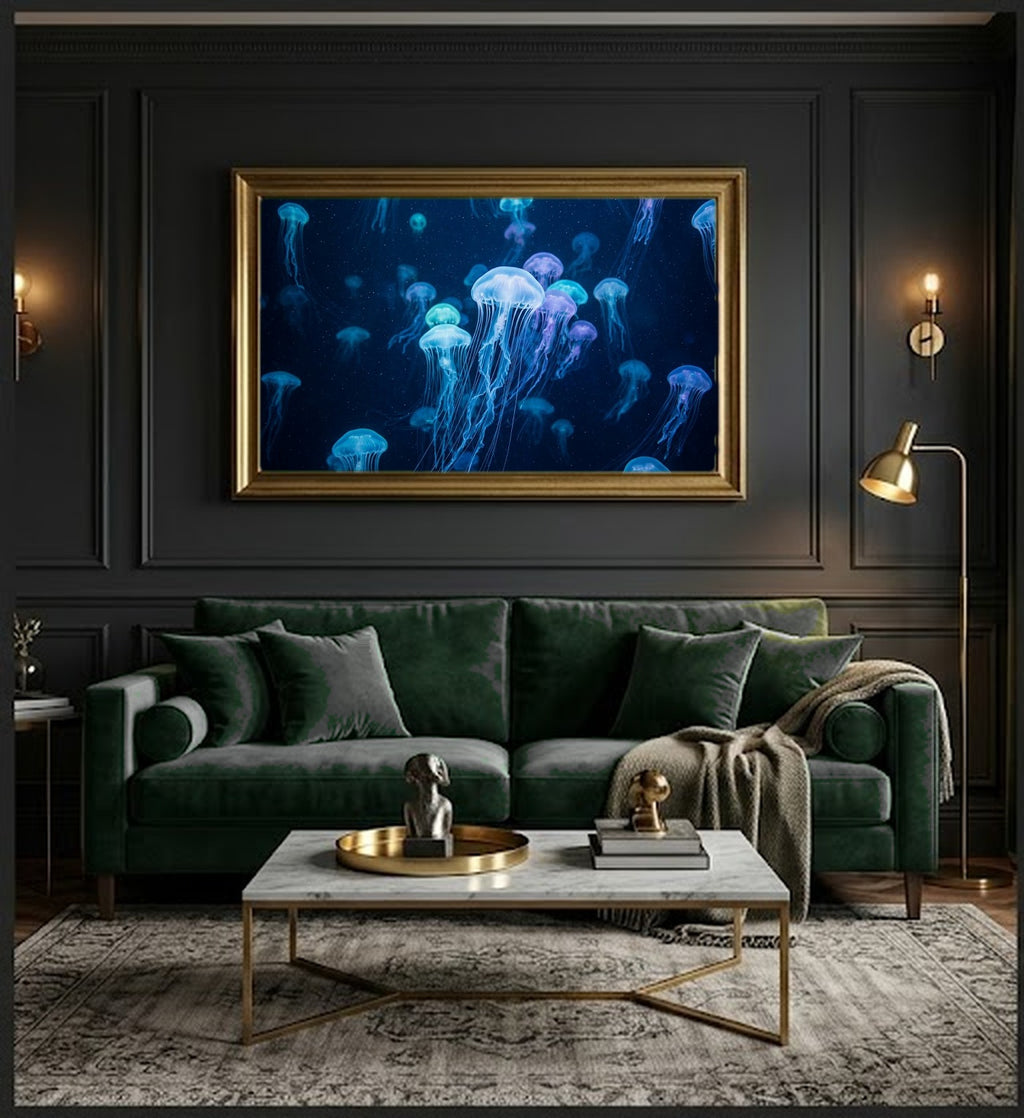 Jellyfish Canvas Wall Art - Underwater Glow Print, Ocean Life, Bioluminescent Art, Stretched Canvas — office