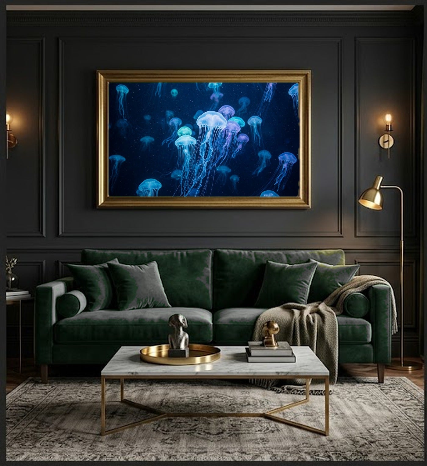 Jellyfish Canvas Wall Art - Underwater Glow Print, Ocean Life, Bioluminescent Art, Stretched Canvas — office