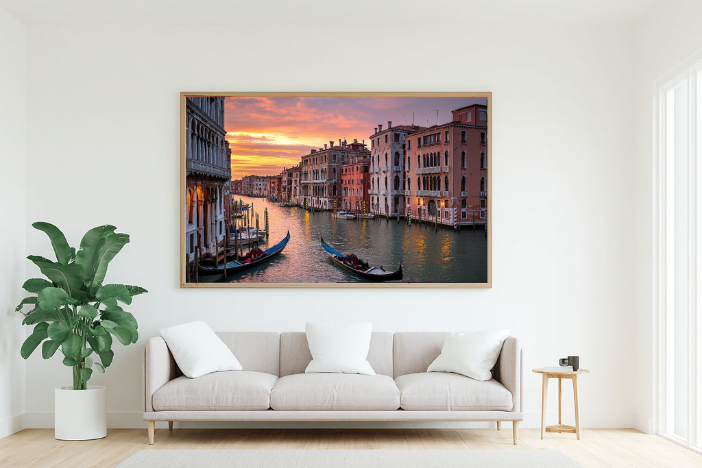 Venice Canal Sunset Sunlit Mediterranean Wall Art — Warm Print for the Dining Room, Stretched Canvas Gift for the Travel Lover You Adore — venice-canal-sunset-living-room-wall-art.jpg