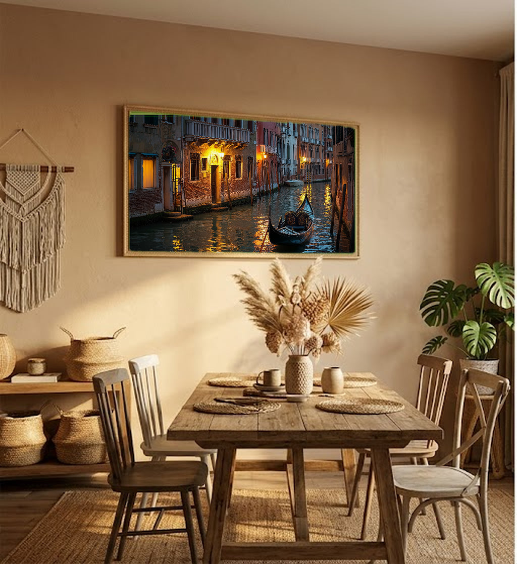 Venice Canal Night Canvas Wall Art | Gondola Print, Italian Romance, European Decor, Stretched Canvas — venice-gondola-night-hallway-wall-art.jpg