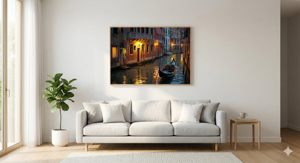 Venice Canal Night Canvas Wall Art | Gondola Print, Italian Romance, European Decor, Stretched Canvas — venice-gondola-night-living-room-wall-art.jpg