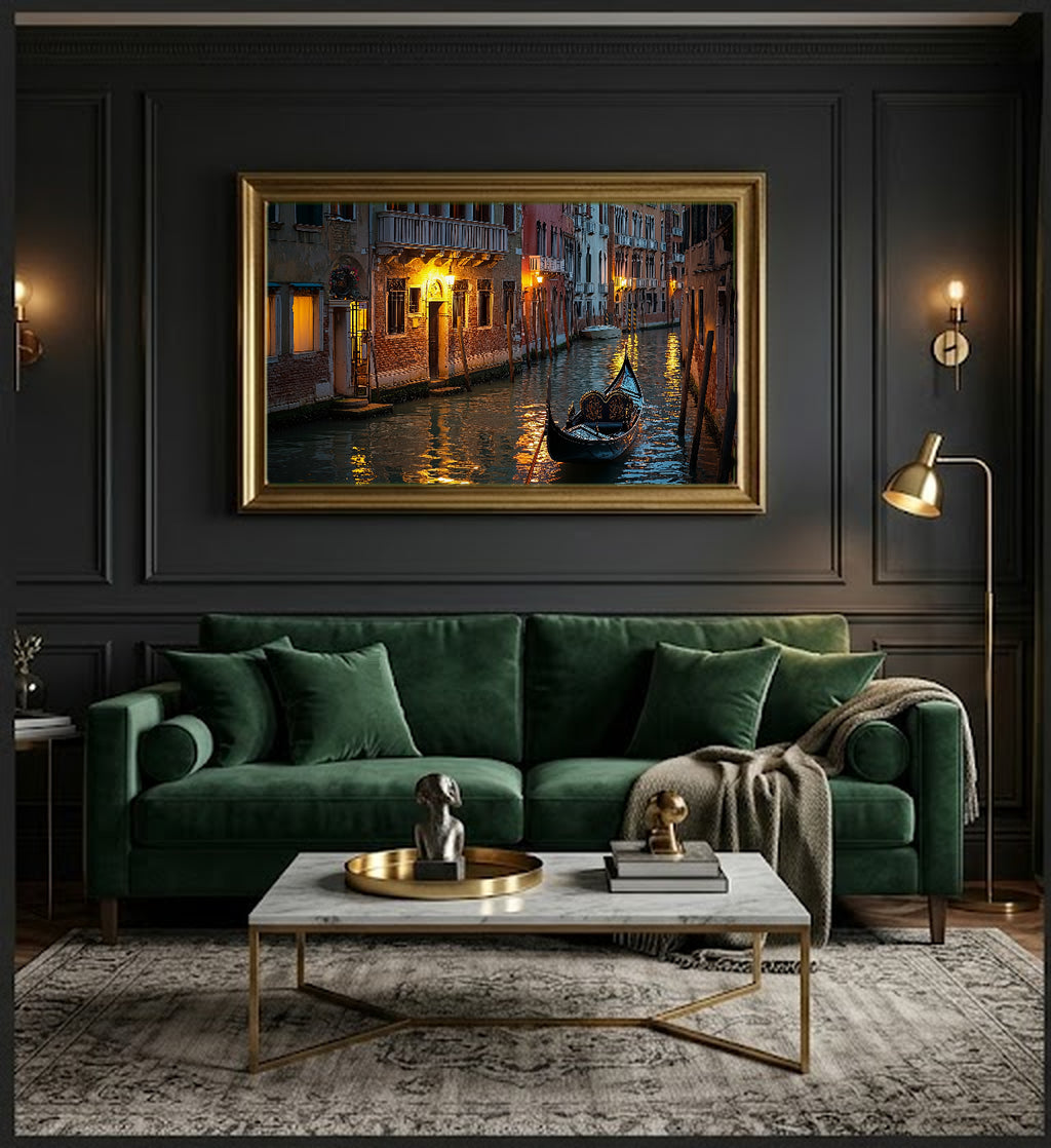Venice Canal Night Canvas Wall Art | Gondola Print, Italian Romance, European Decor, Stretched Canvas — venice-gondola-night-office-wall-art.jpg