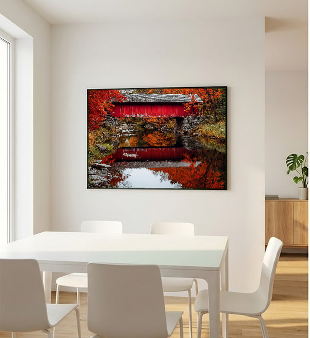 Vermont Covered Bridge Canvas Wall Art | Reflective Creek Print, New England Fall Decor, Stretched Canvas — vermont-covered-bridge-creek-bedroom-wall-art.jpg