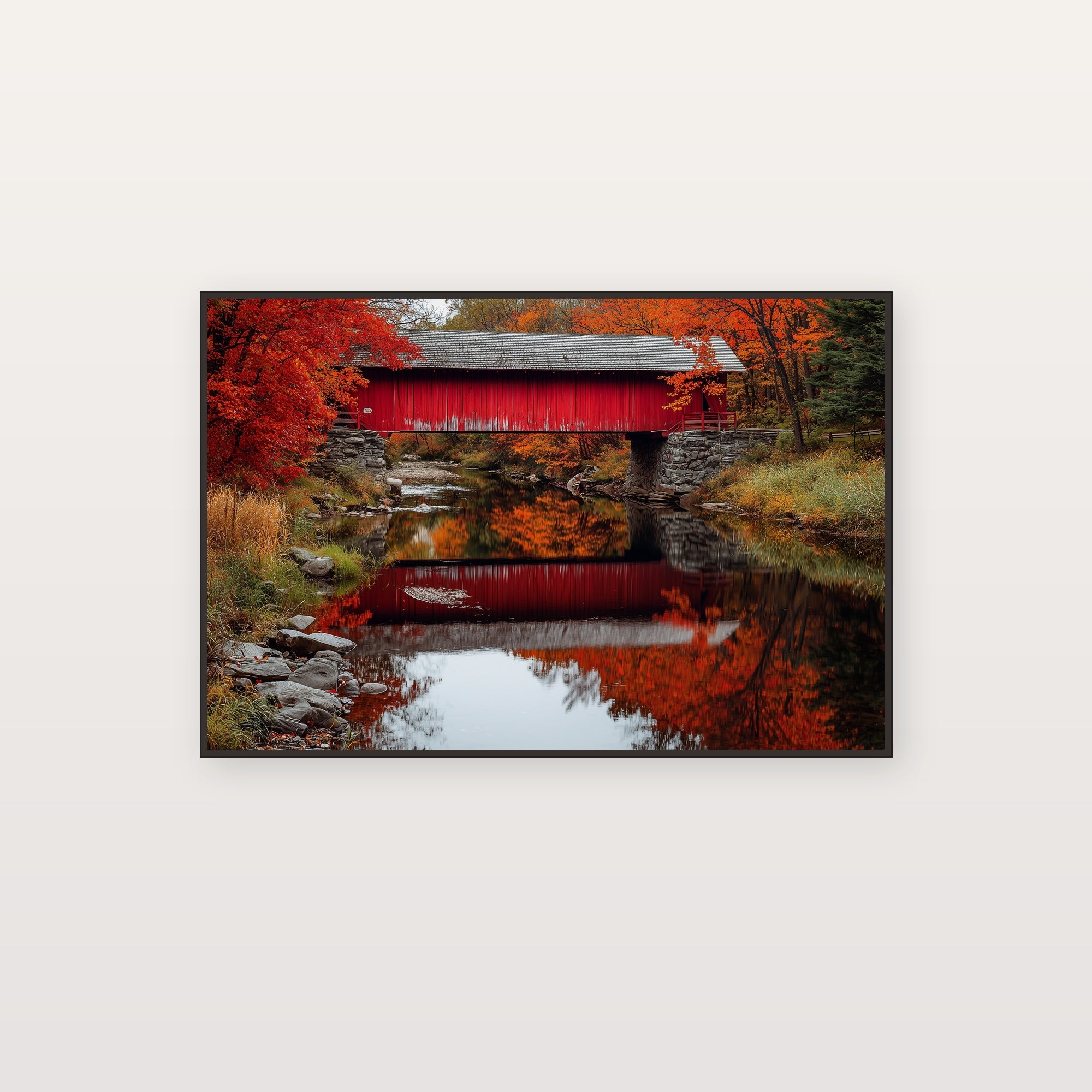Vermont Covered Bridge Canvas Wall Art | Reflective Creek Print, New England Fall Decor, Stretched Canvas — vermont-covered-bridge-creek-canvas-print.jpg