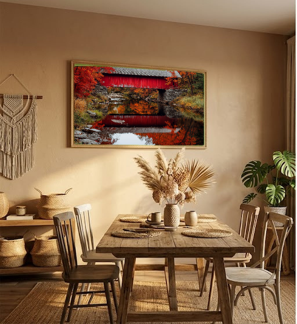 Vermont Covered Bridge Canvas Wall Art | Reflective Creek Print, New England Fall Decor, Stretched Canvas — vermont-covered-bridge-creek-hallway-wall-art.jpg