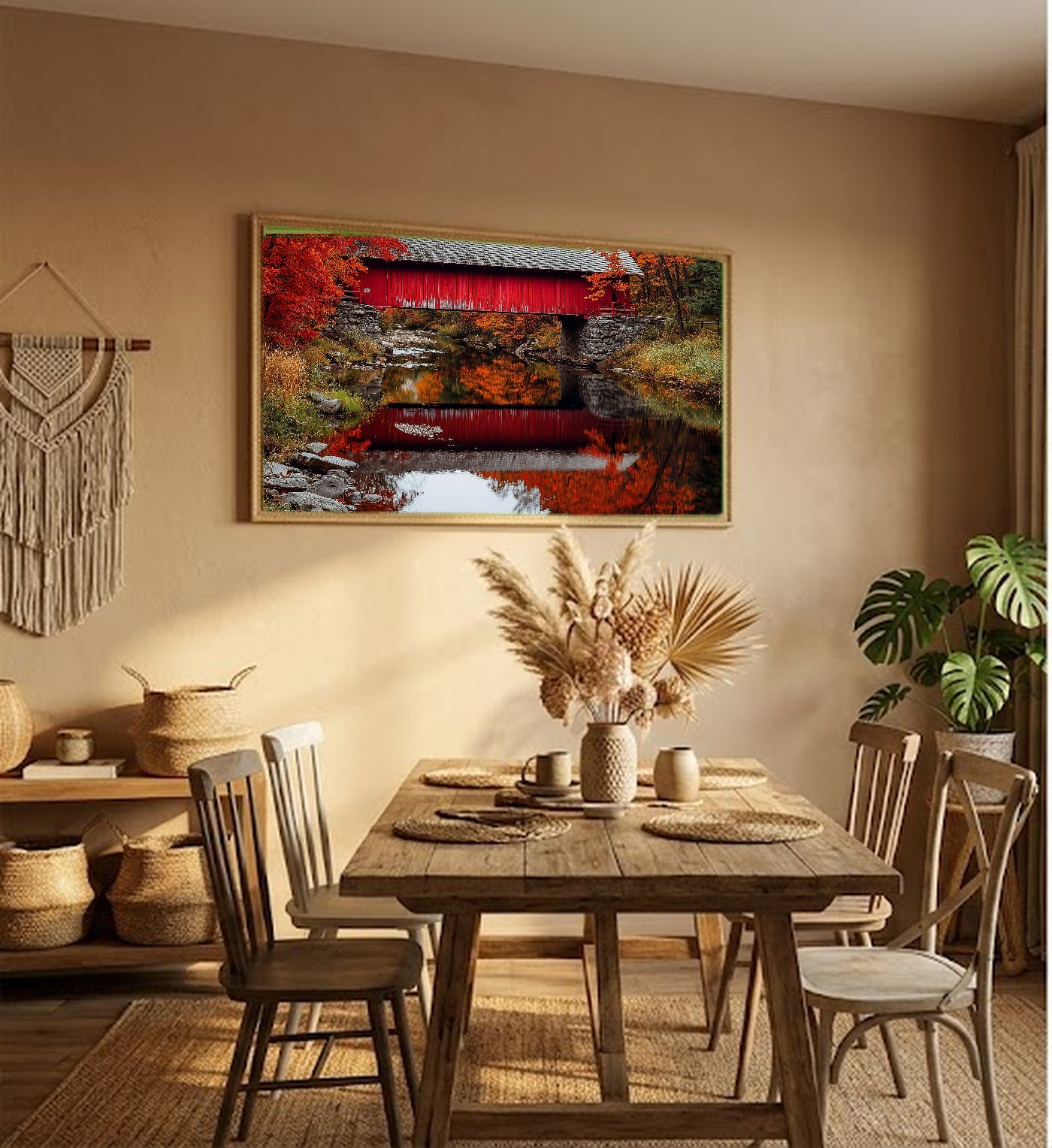 Vermont Covered Bridge Canvas Wall Art | Reflective Creek Print, New England Fall Decor, Stretched Canvas — vermont-covered-bridge-creek-hallway-wall-art.jpg