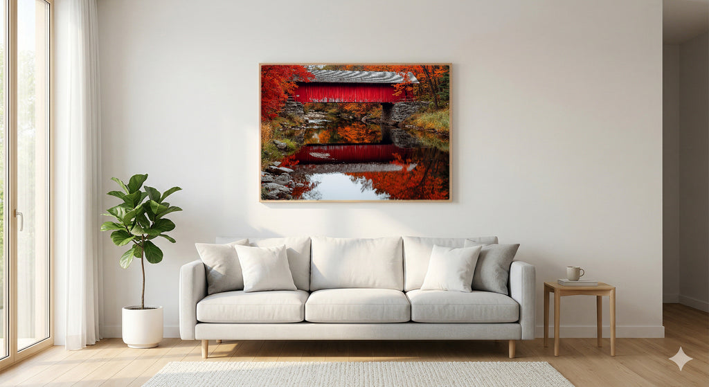 Vermont Covered Bridge Canvas Wall Art | Reflective Creek Print, New England Fall Decor, Stretched Canvas — vermont-covered-bridge-creek-living-room-wall-art.jpg