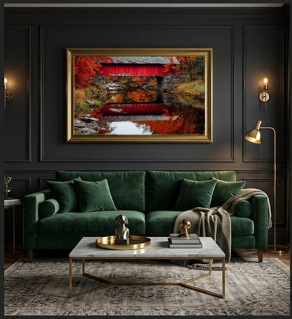Vermont Covered Bridge Canvas Wall Art | Reflective Creek Print, New England Fall Decor, Stretched Canvas — vermont-covered-bridge-creek-office-wall-art.jpg
