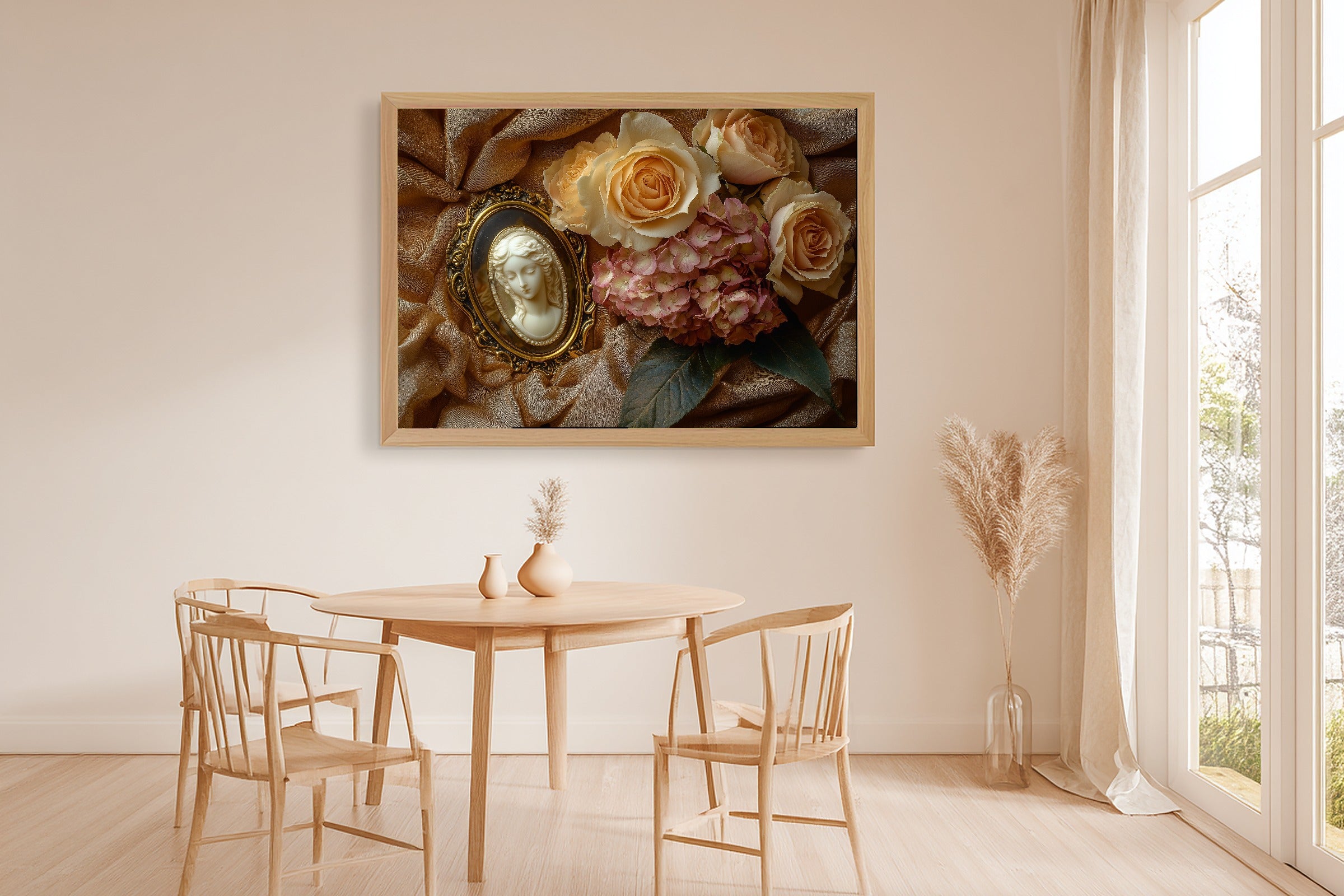 Victorian Cameo Dried Flowers Wall Art Canvas for the Bedroom, Soft Meadow Print, Fresh Botanical Feel, Elegant Hostess Gift — victorian-cameo-dried-flowers-dining-room-wall-art.jpg