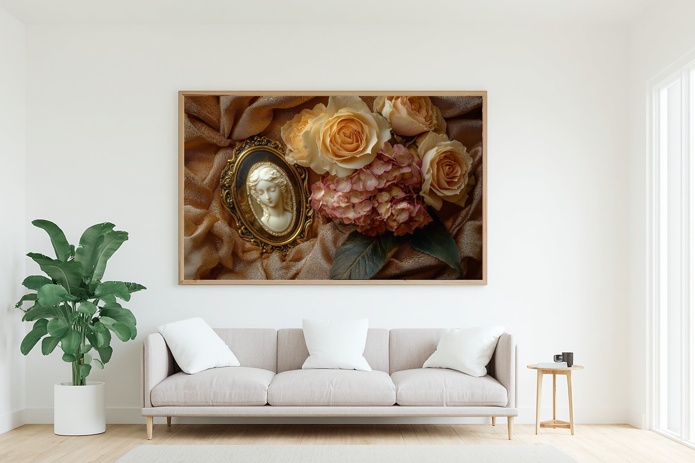 Victorian Cameo Dried Flowers Wall Art Canvas for the Bedroom, Soft Meadow Print, Fresh Botanical Feel, Elegant Hostess Gift — victorian-cameo-dried-flowers-living-room-wall-art.jpg