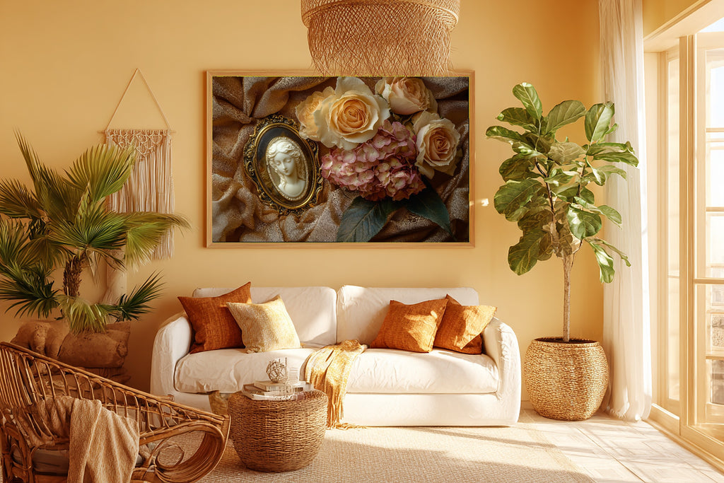 Victorian Cameo Dried Flowers Wall Art Canvas for the Bedroom, Soft Meadow Print, Fresh Botanical Feel, Elegant Hostess Gift — victorian-cameo-dried-flowers-room-5-wall-art.jpg