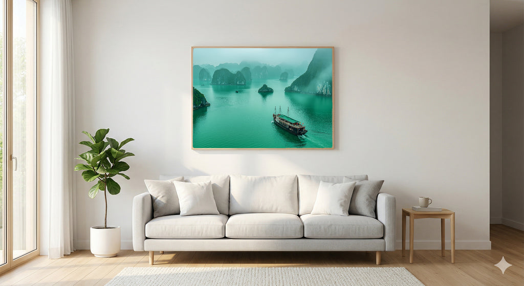 Ha Long Bay Canvas Wall Art | Vietnam Karst Islands Print, Asia Decor, Seascape, Stretched Canvas — vietnam-halong-bay-living-room-wall-art.jpg