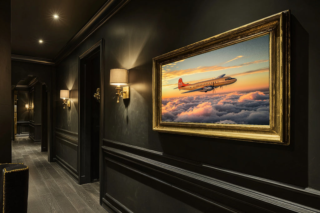Soft Painterly Vintage Airplane Pan Am Canvas Wall Art — Soulful Print for the Living Room, A Gift the Art Lover in Your Life Will Adore — vintage-airplane-pan-am-hallway-wall-art.jpg