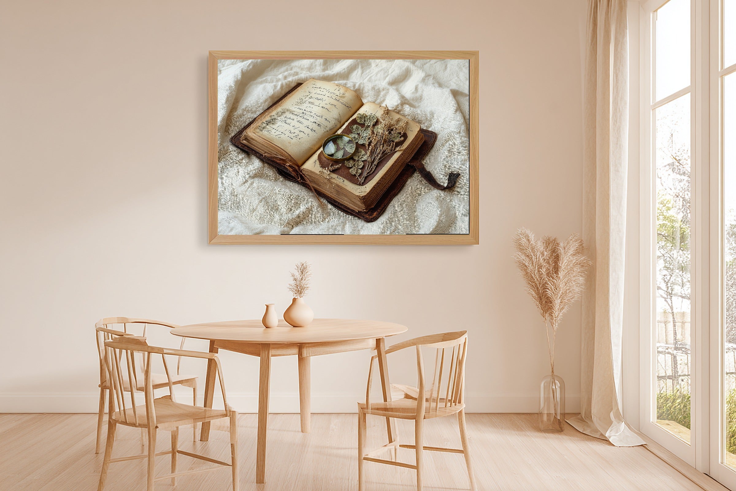 Vintage Botanical Field Journal Stretched Canvas Print, Cozy Studio Decor Art Print, Above-the-Bedroom Decor, Move-In Gift Idea — vintage-botanical-field-journal-dining-room-wall-art.jpg