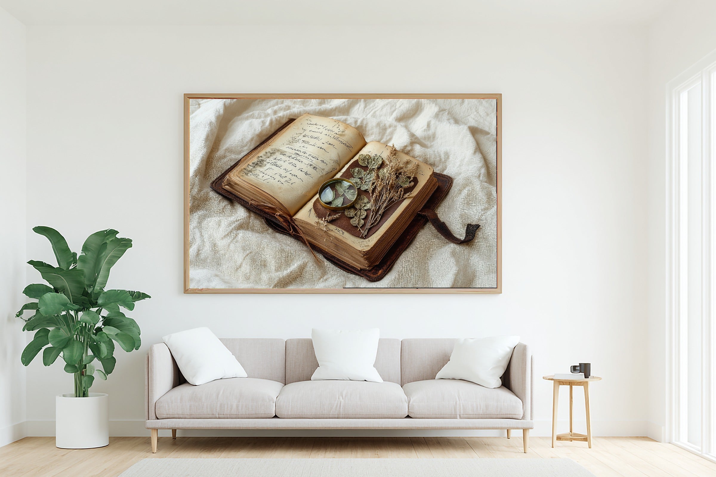 Vintage Botanical Field Journal Stretched Canvas Print, Cozy Studio Decor Art Print, Above-the-Bedroom Decor, Move-In Gift Idea — vintage-botanical-field-journal-living-room-wall-art.jpg