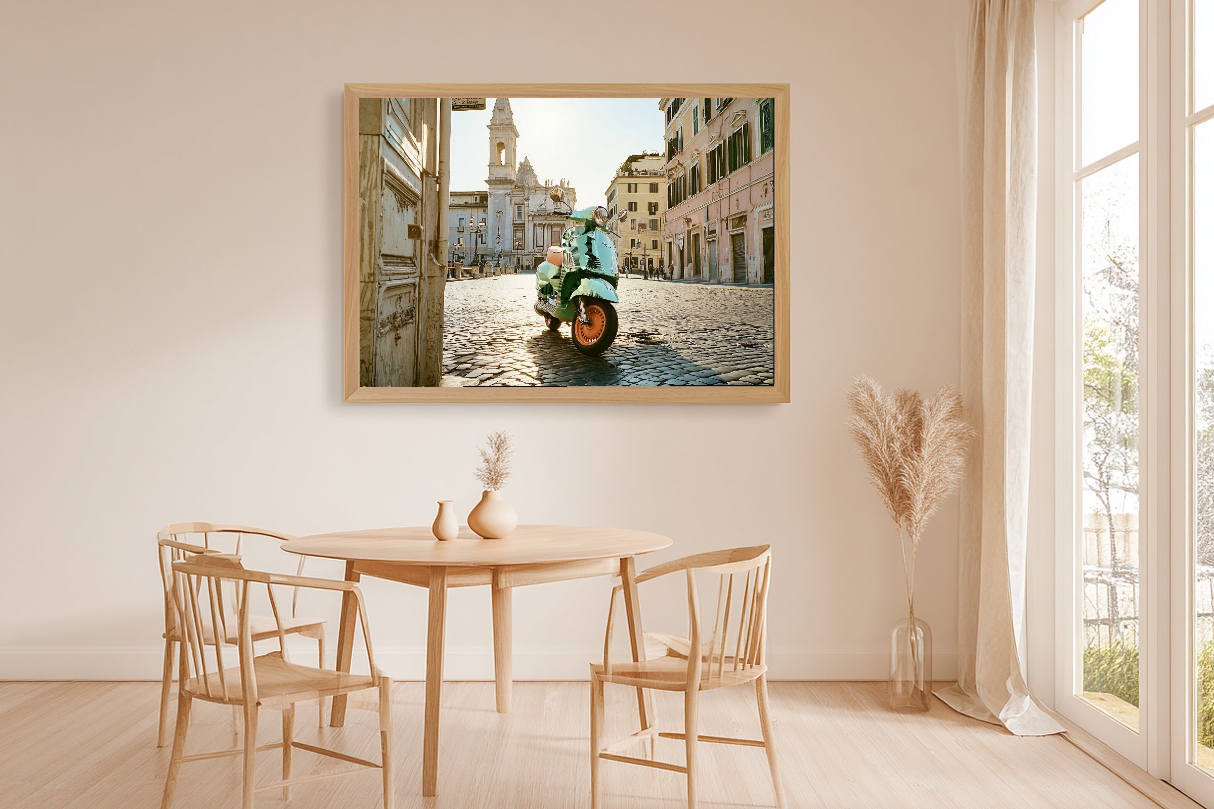 Warm Vintage Italian Vespa — Dreamy Metro Wall Art, Warm Modern Loft Decor, Stretched Canvas, Ready to Hang — vintage-italian-vespa-dining-room-wall-art.jpg