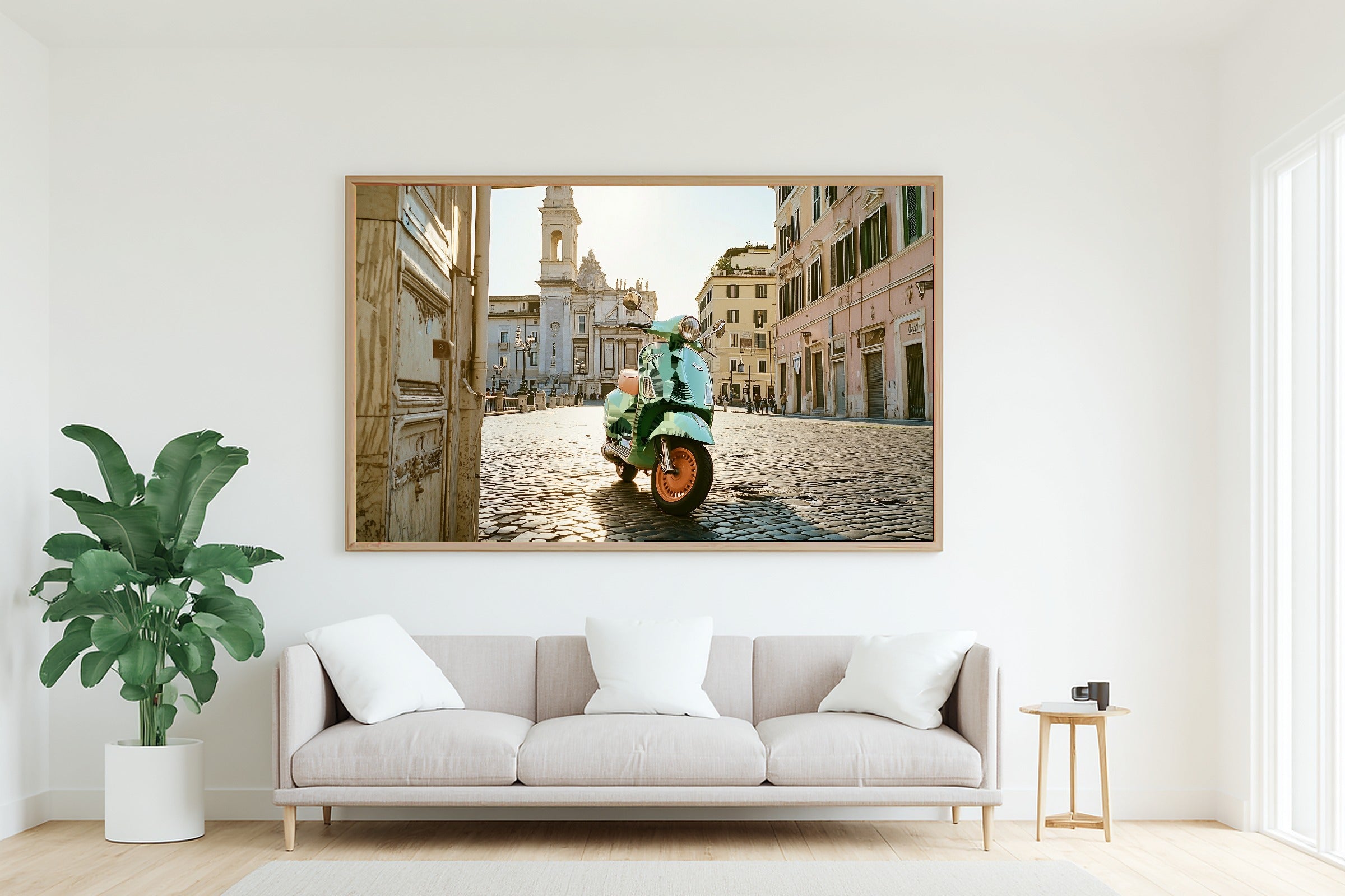 Warm Vintage Italian Vespa — Dreamy Metro Wall Art, Warm Modern Loft Decor, Stretched Canvas, Ready to Hang — vintage-italian-vespa-living-room-wall-art.jpg
