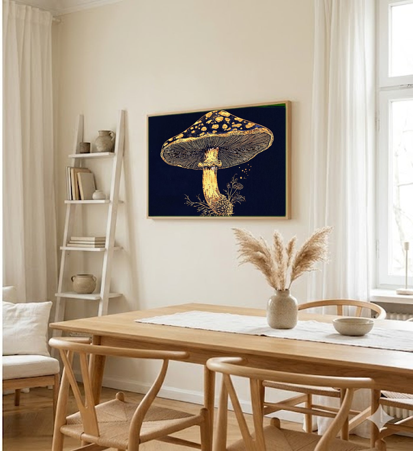 Gilded Mushroom Canvas Wall Art | Gold Leaf Botanical Print, Dark Cottagecore Glam Decor, Stretched Canvas — vintage-mushroom-gold-edition-dining-room-wall-art.jpg