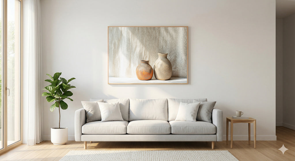 Wabi Sabi Ceramic Canvas Wall Art | Shelf Still Life Print, Japandi Decor, Stretched Canvas — wabi-sabi-ceramics-shelf-living-room-wall-art.jpg