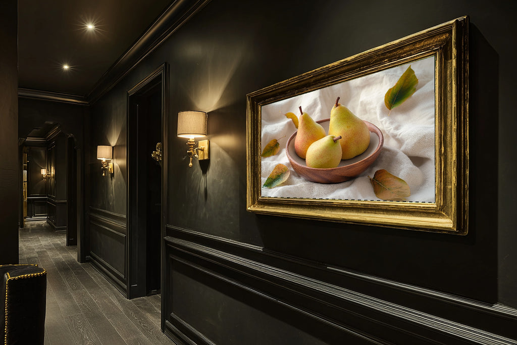 Warm Oak Bowl Pears Canvas Print, Warm Soulful Tones, Home Office Focal Point, Premium Canvas, Mother's Day Gift Idea — warm-oak-bowl-pears-hallway-wall-art.jpg