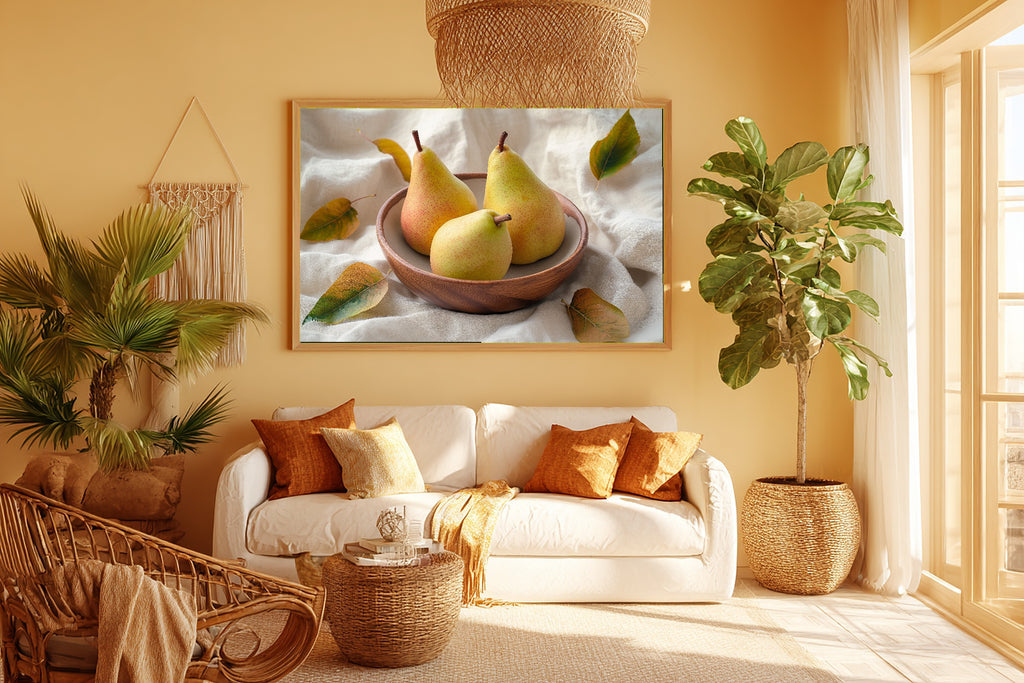 Warm Oak Bowl Pears Canvas Print, Warm Soulful Tones, Home Office Focal Point, Premium Canvas, Mother's Day Gift Idea — warm-oak-bowl-pears-room-5-wall-art.jpg