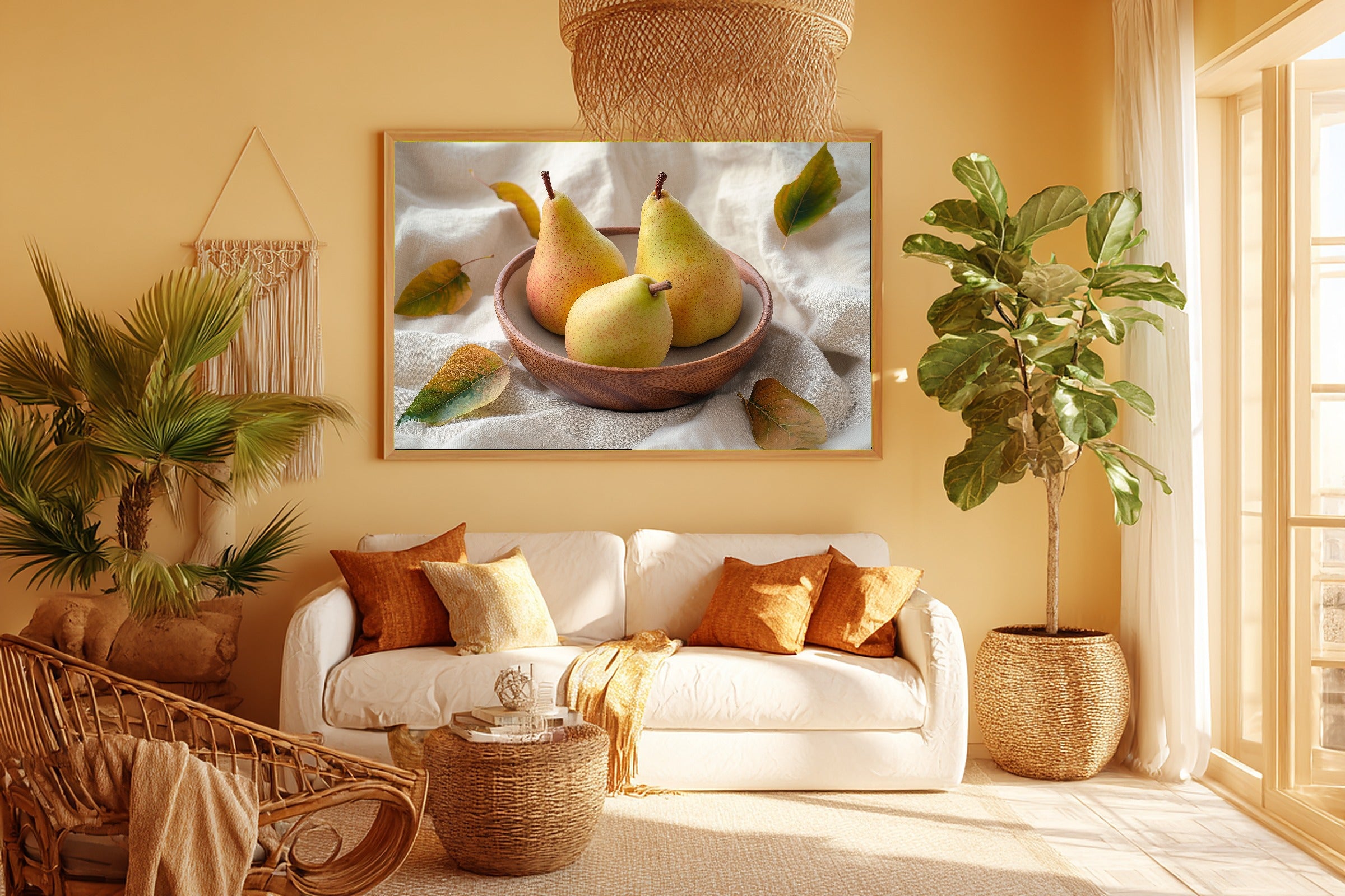 Warm Oak Bowl Pears Canvas Print, Warm Soulful Tones, Home Office Focal Point, Premium Canvas, Mother's Day Gift Idea — warm-oak-bowl-pears-room-5-wall-art.jpg