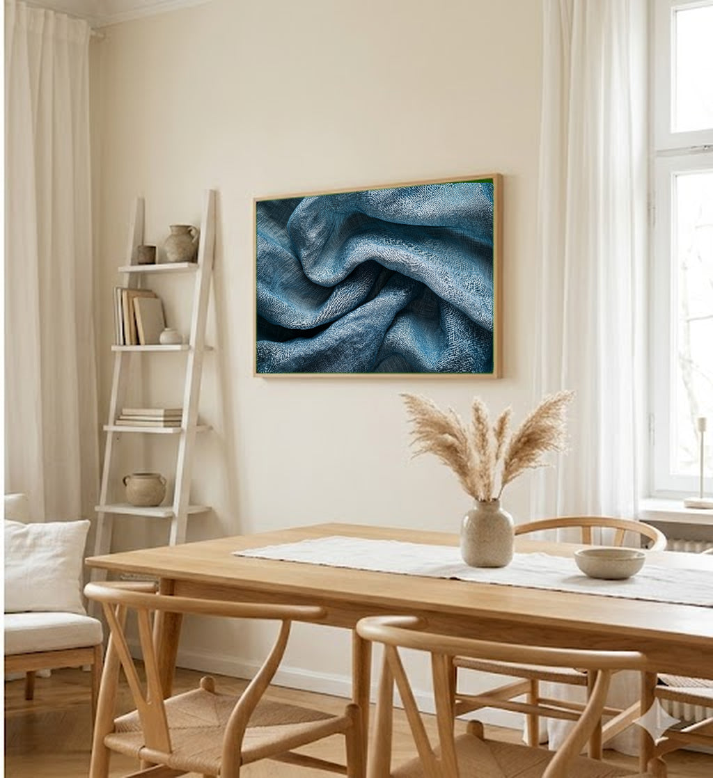Washed Linen Canvas Wall Art | Patina Blue Texture Print, Quiet Luxury Decor, Stretched Canvas — washed-linen-texture-dining-room-wall-art.jpg