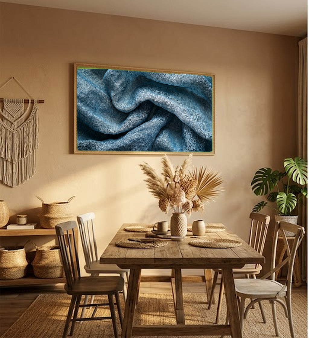 Washed Linen Canvas Wall Art | Patina Blue Texture Print, Quiet Luxury Decor, Stretched Canvas — washed-linen-texture-hallway-wall-art.jpg