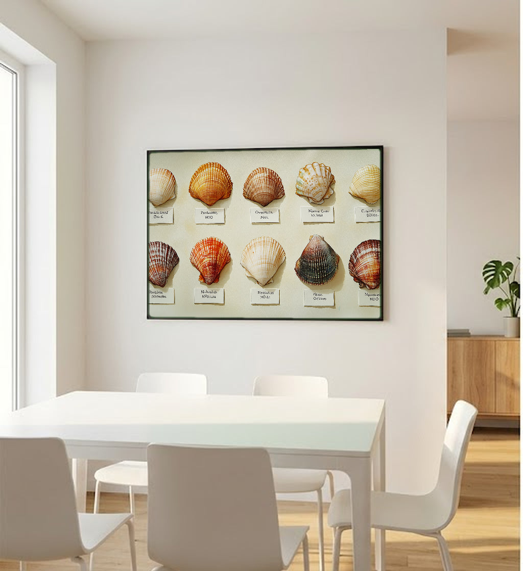 Shell Collection Canvas Wall Art | Watercolor Specimen Print, Coastal Grandma Decor, Stretched Canvas — watercolor-shell-collection-bedroom-wall-art.jpg