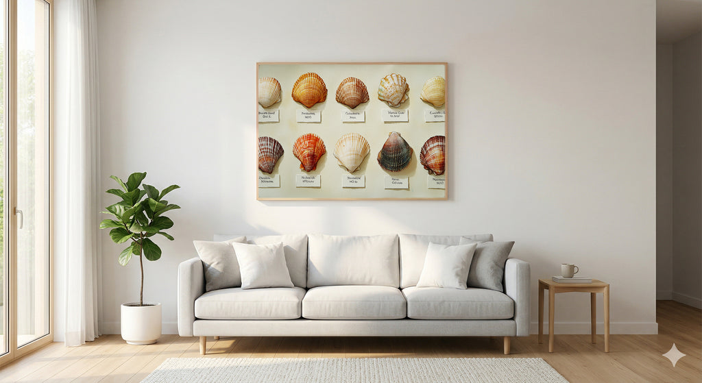 Shell Collection Canvas Wall Art | Watercolor Specimen Print, Coastal Grandma Decor, Stretched Canvas — watercolor-shell-collection-living-room-wall-art.jpg