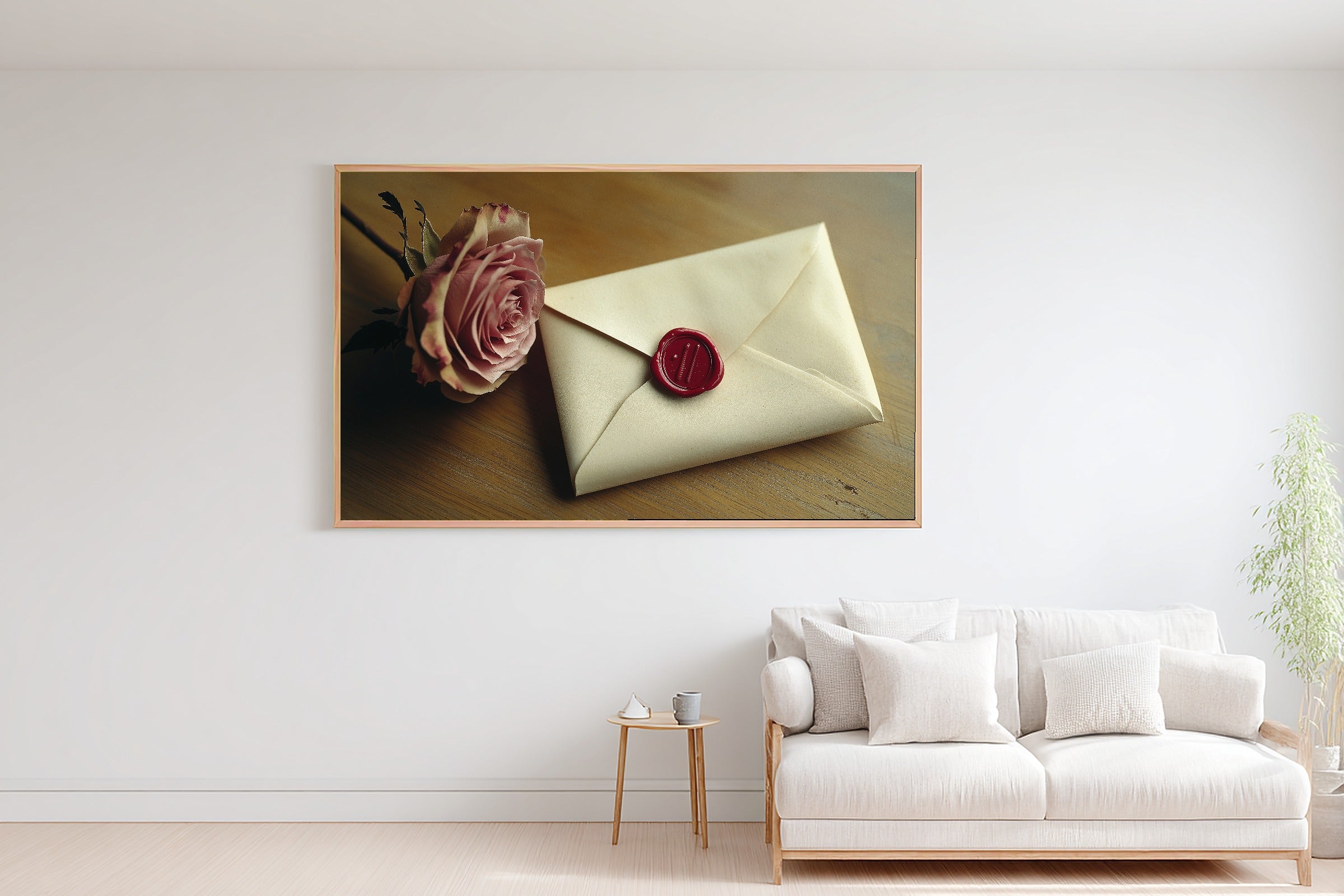 Wax Sealed Love Letter Rose Fine Art Canvas, Neutral Minimalist Seascape Gallery Print, Above-the-Beach House Decor — wax-sealed-love-letter-rose-bedroom-wall-art.jpg