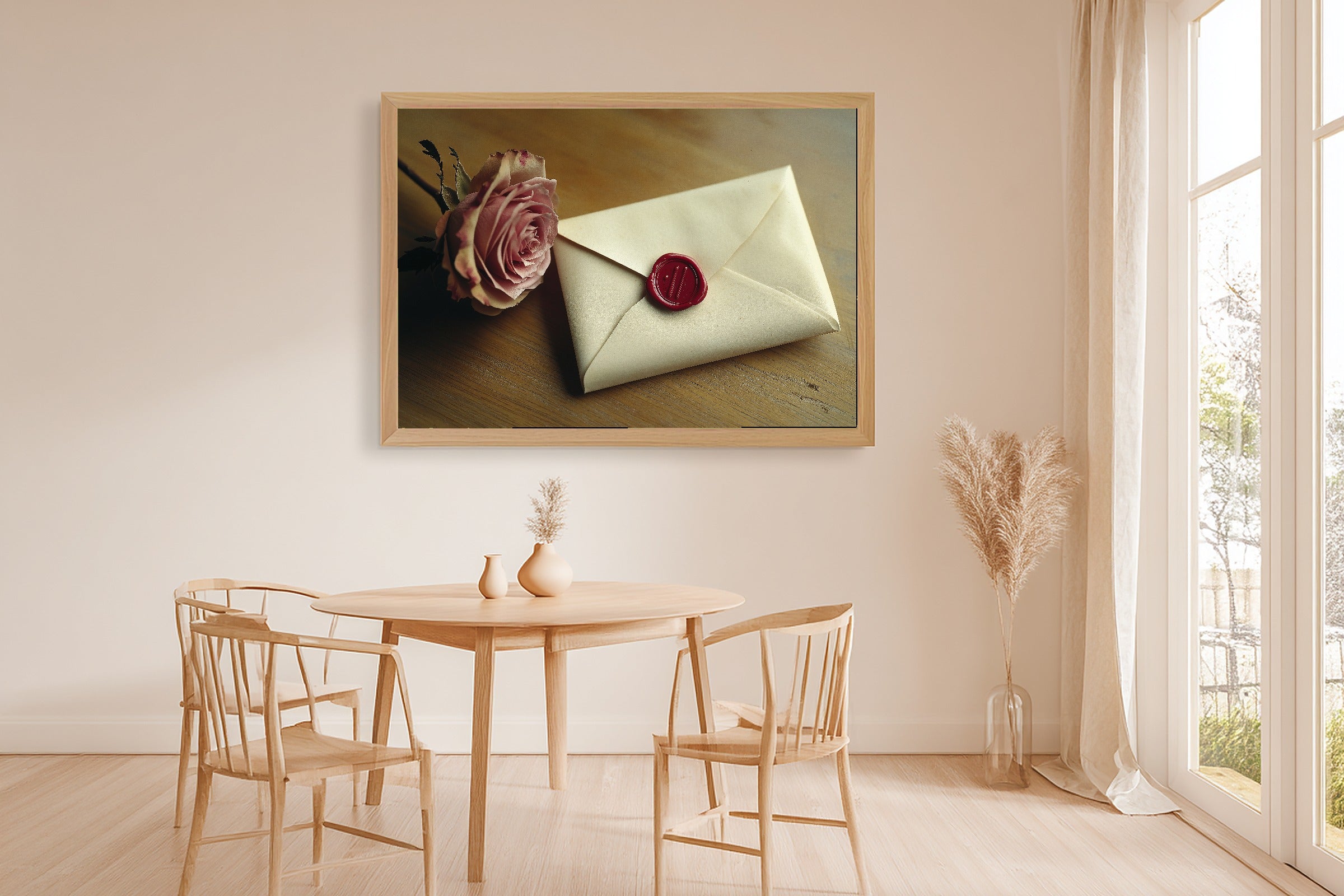 Wax Sealed Love Letter Rose Fine Art Canvas, Neutral Minimalist Seascape Gallery Print, Above-the-Beach House Decor — wax-sealed-love-letter-rose-dining-room-wall-art.jpg