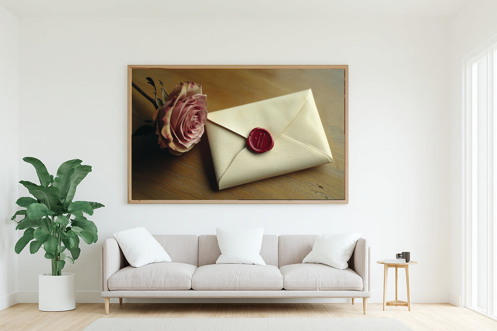 Wax Sealed Love Letter Rose Fine Art Canvas, Neutral Minimalist Seascape Gallery Print, Above-the-Beach House Decor — wax-sealed-love-letter-rose-living-room-wall-art.jpg