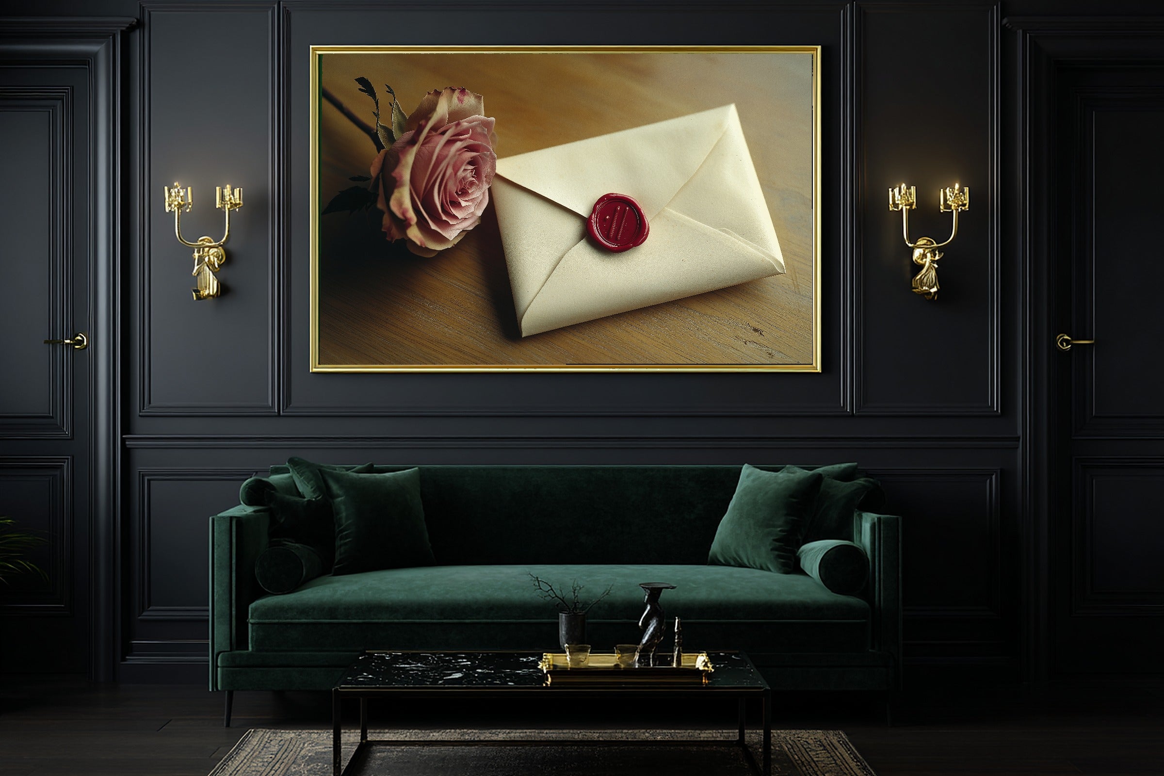 Wax Sealed Love Letter Rose Fine Art Canvas, Neutral Minimalist Seascape Gallery Print, Above-the-Beach House Decor — wax-sealed-love-letter-rose-office-wall-art.jpg