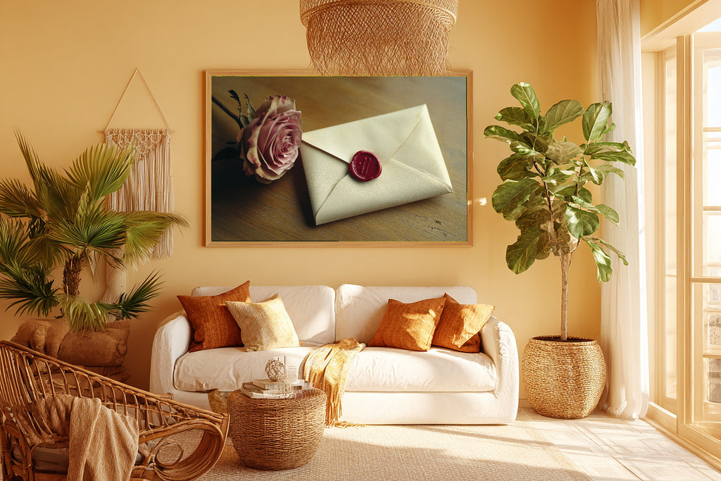 Wax Sealed Love Letter Rose Fine Art Canvas, Neutral Minimalist Seascape Gallery Print, Above-the-Beach House Decor — wax-sealed-love-letter-rose-room-5-wall-art.jpg