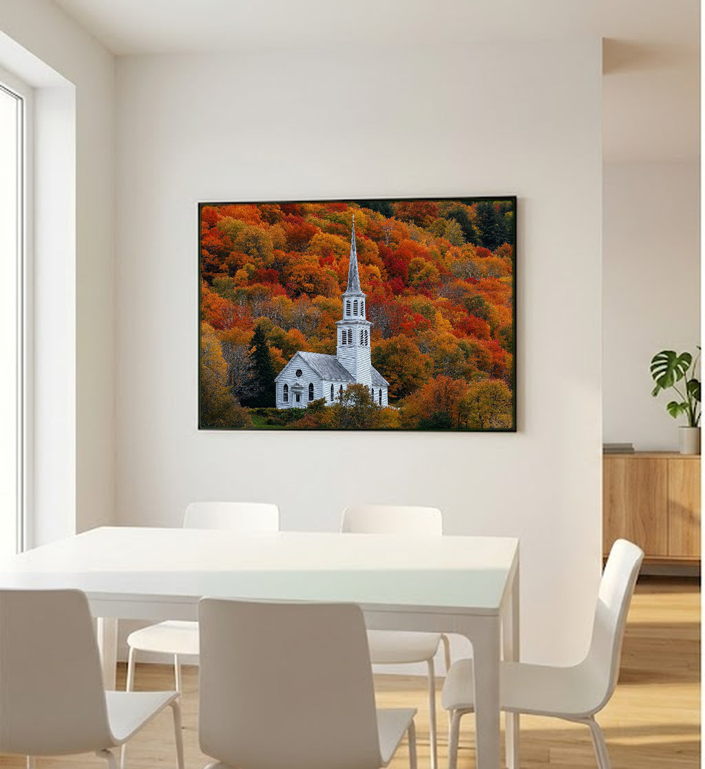 New England Church Canvas Wall Art | Fall Steeple Print, Vermont Country Decor, Stretched Canvas — white-church-steeple-fall-bedroom-wall-art.jpg