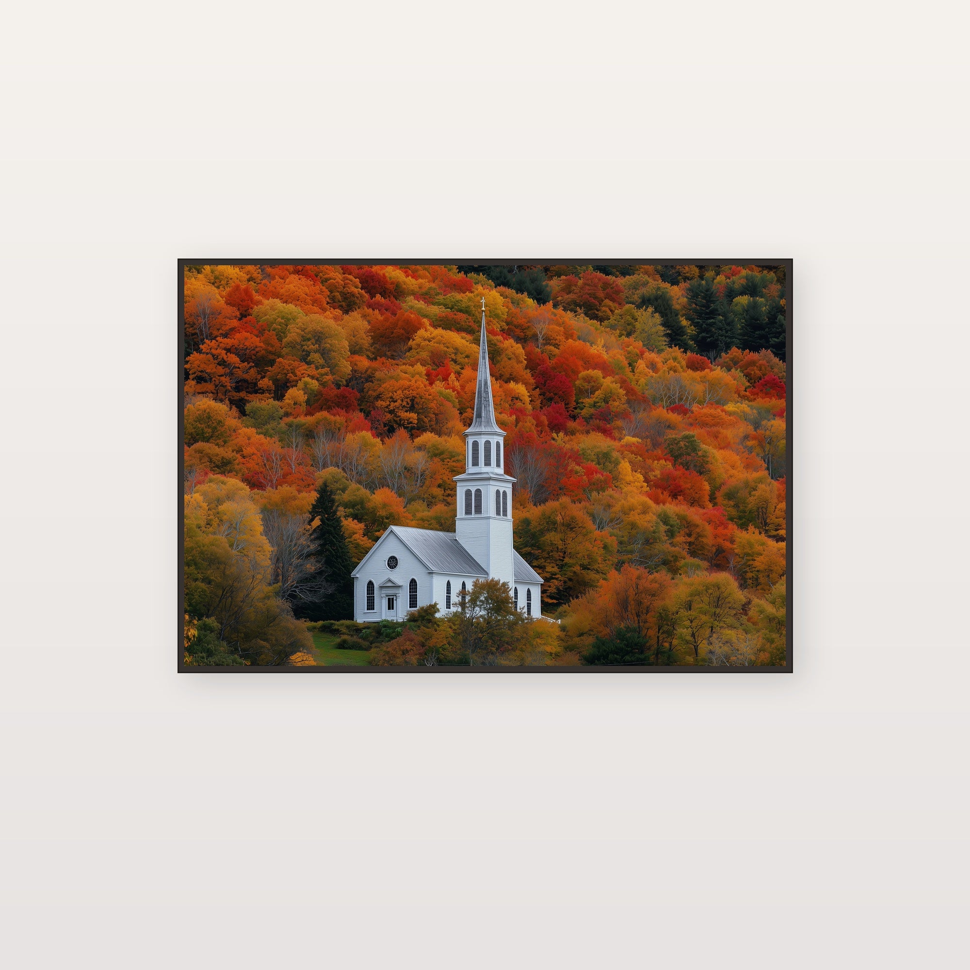 New England Church Canvas Wall Art | Fall Steeple Print, Vermont Country Decor, Stretched Canvas — white-church-steeple-fall-canvas-print.jpg