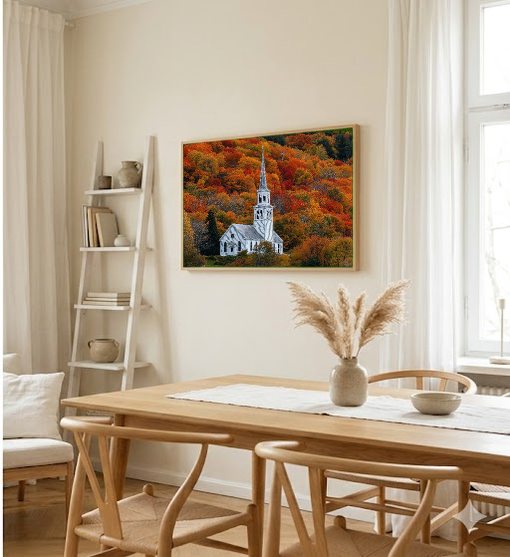 New England Church Canvas Wall Art | Fall Steeple Print, Vermont Country Decor, Stretched Canvas — white-church-steeple-fall-dining-room-wall-art.jpg