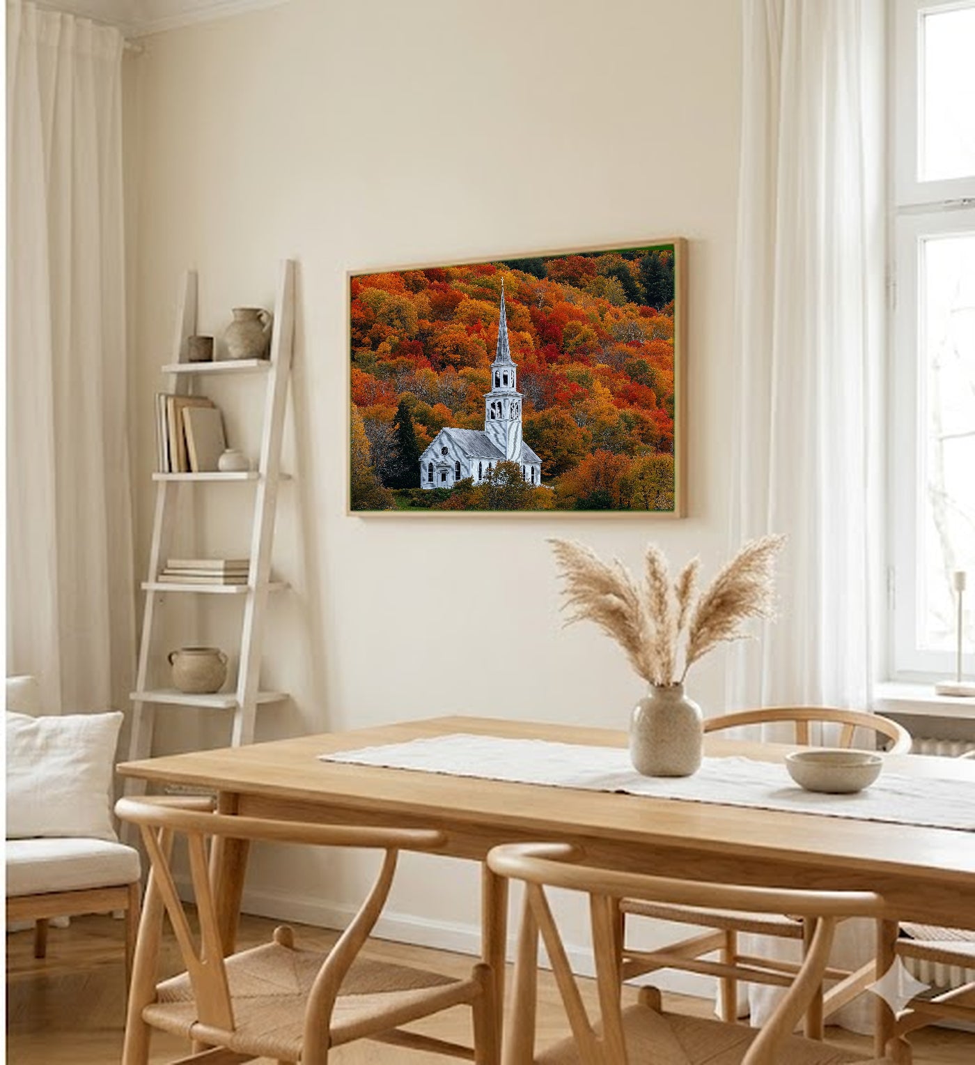 New England Church Canvas Wall Art | Fall Steeple Print, Vermont Country Decor, Stretched Canvas — white-church-steeple-fall-dining-room-wall-art.jpg