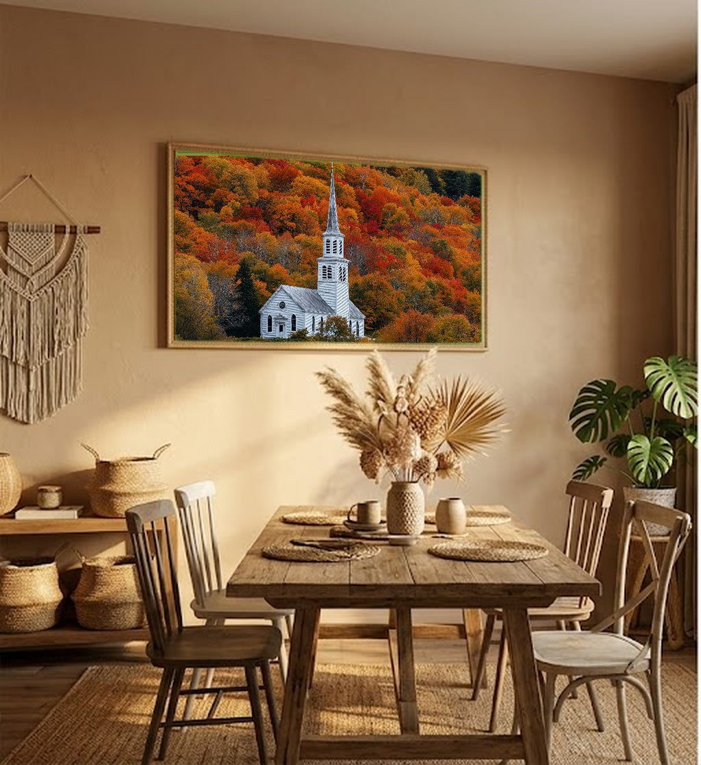 New England Church Canvas Wall Art | Fall Steeple Print, Vermont Country Decor, Stretched Canvas — white-church-steeple-fall-hallway-wall-art.jpg
