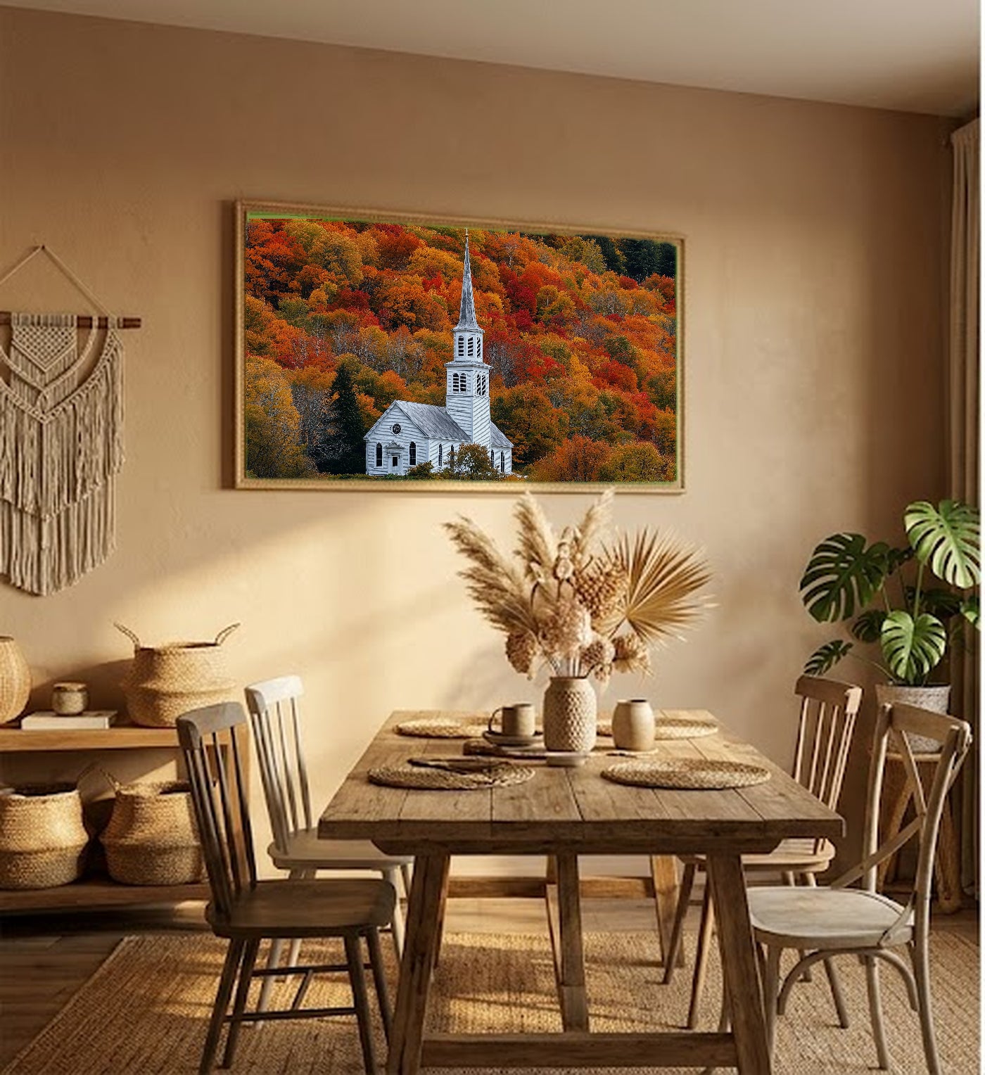 New England Church Canvas Wall Art | Fall Steeple Print, Vermont Country Decor, Stretched Canvas — white-church-steeple-fall-hallway-wall-art.jpg