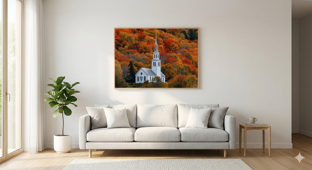 New England Church Canvas Wall Art | Fall Steeple Print, Vermont Country Decor, Stretched Canvas — white-church-steeple-fall-living-room-wall-art.jpg