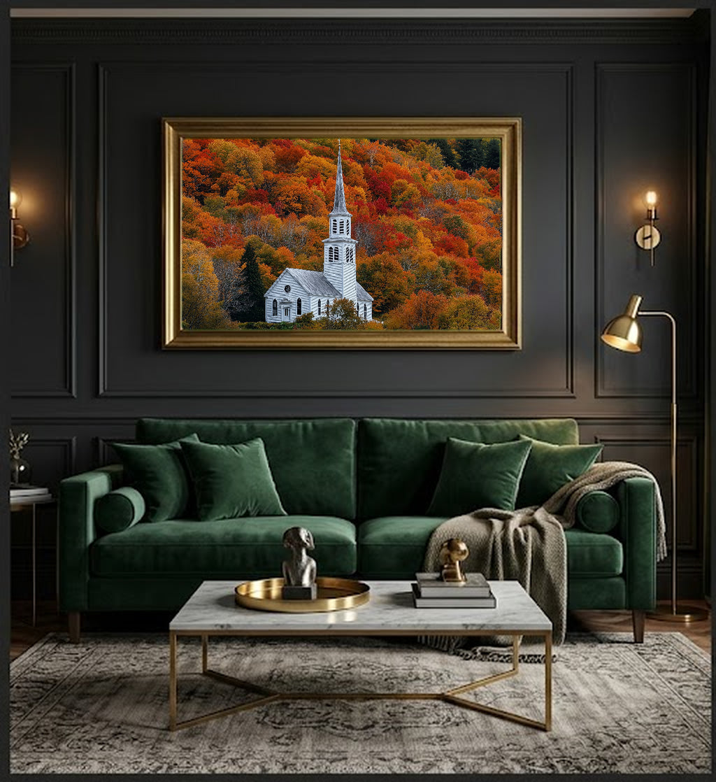 New England Church Canvas Wall Art | Fall Steeple Print, Vermont Country Decor, Stretched Canvas — white-church-steeple-fall-office-wall-art.jpg