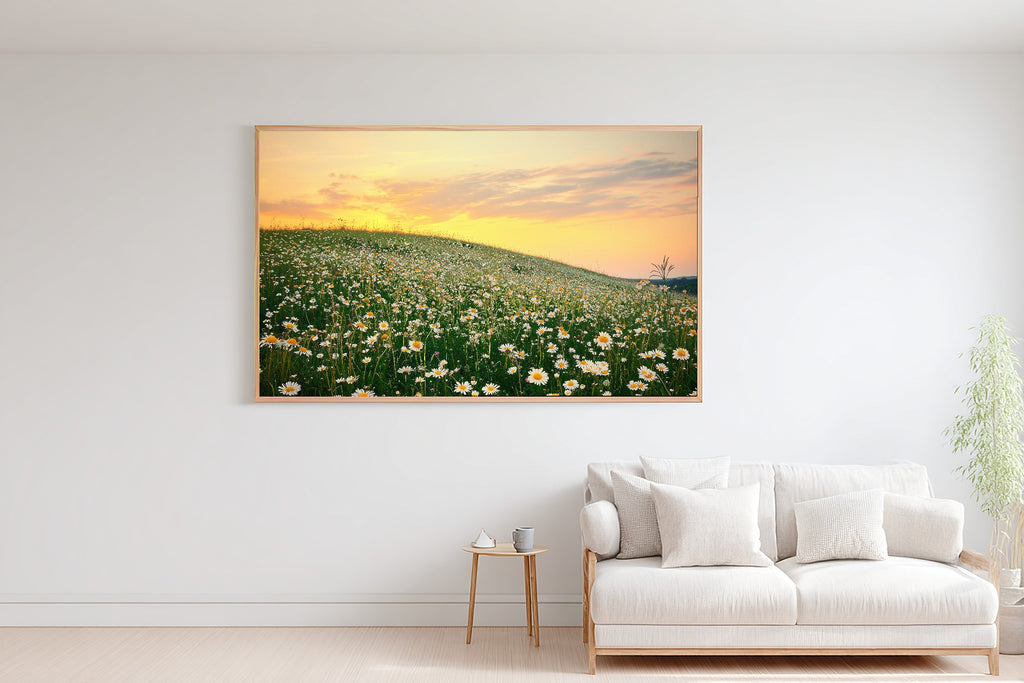 Wildflower Hillside Sunset Meadow Wall Art Canvas, Hazy Tidal Artwork Poster Print, Modern Coastal Living Room Art, Birthday Gift for Her — wildflower-hillside-sunset-meadow-bedroom-wall-art.jpg