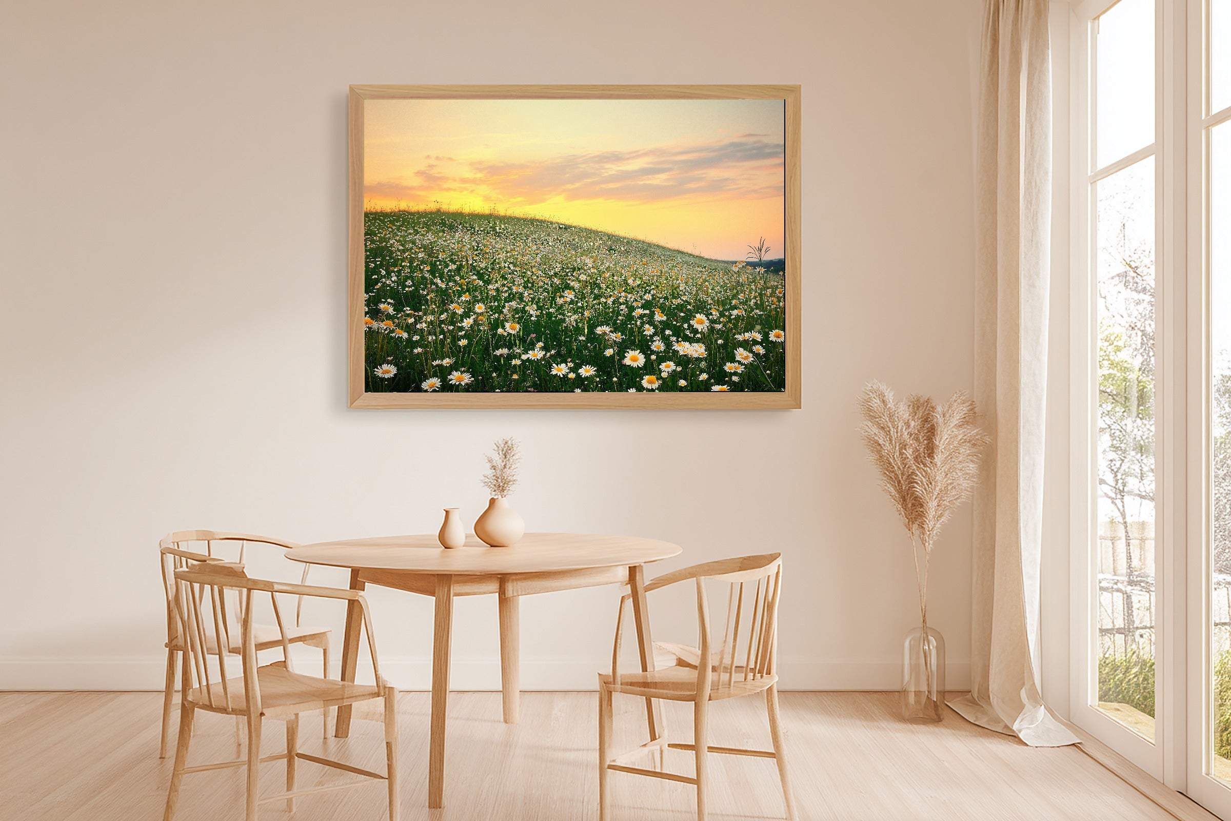 Wildflower Hillside Sunset Meadow Wall Art Canvas, Hazy Tidal Artwork Poster Print, Modern Coastal Living Room Art, Birthday Gift for Her — wildflower-hillside-sunset-meadow-dining-room-wall-art.jpg